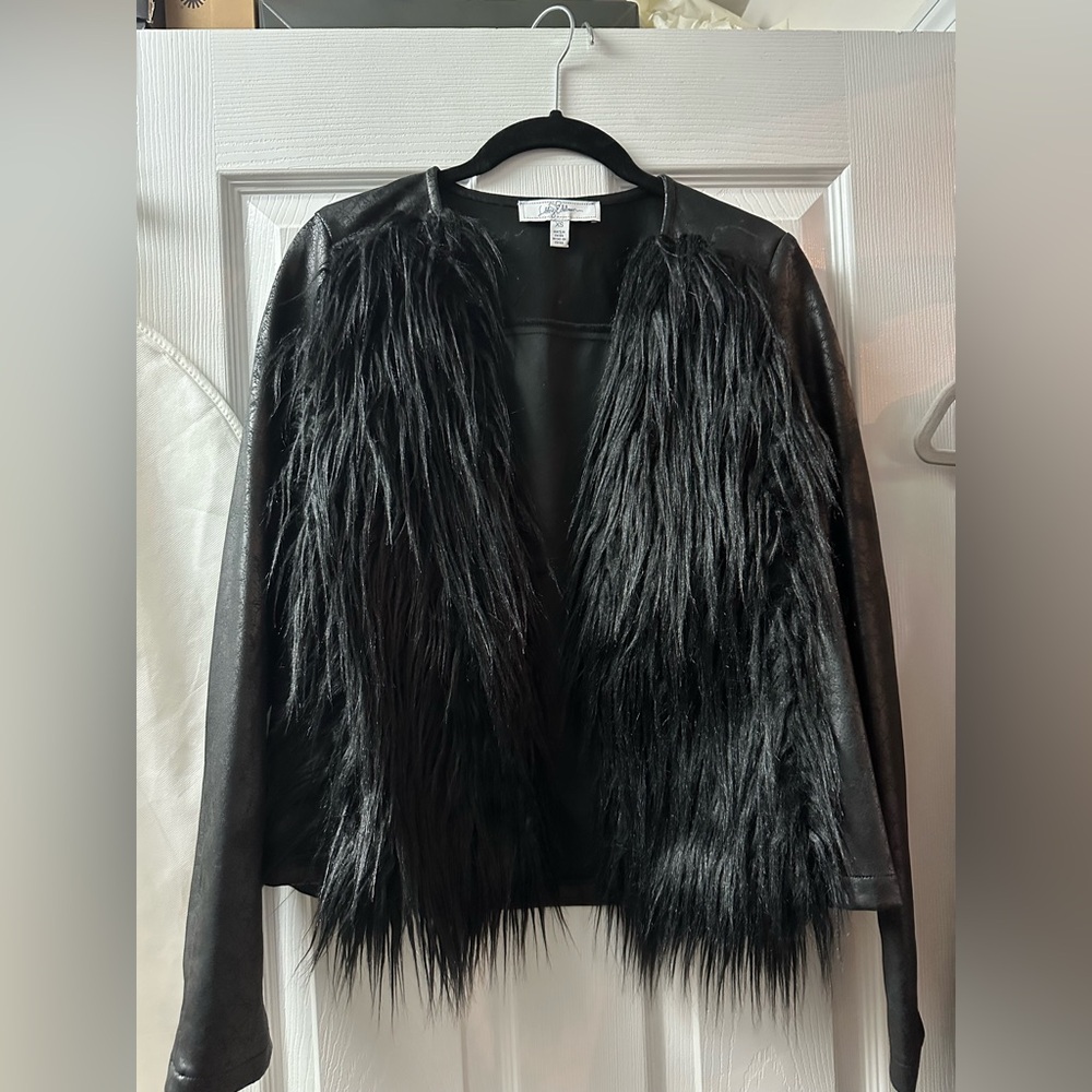 Black Faux Fur Jacket Libby Edelman coat Front L/S Jacket Top Size Xs